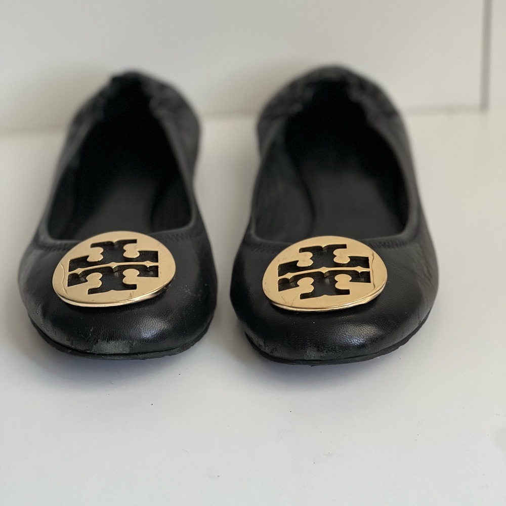 Tory Burch Black Leather Ballet Flats with Gold Emblem